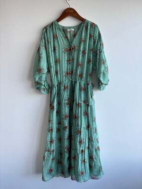 MASSCOB Green Floral Silk Summer Dress Women’s Medium NWOT